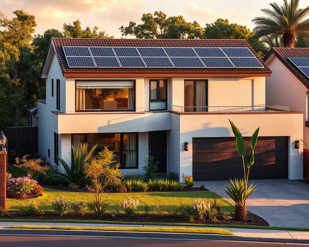 Residência moderna com placas solares instaladas no telhado